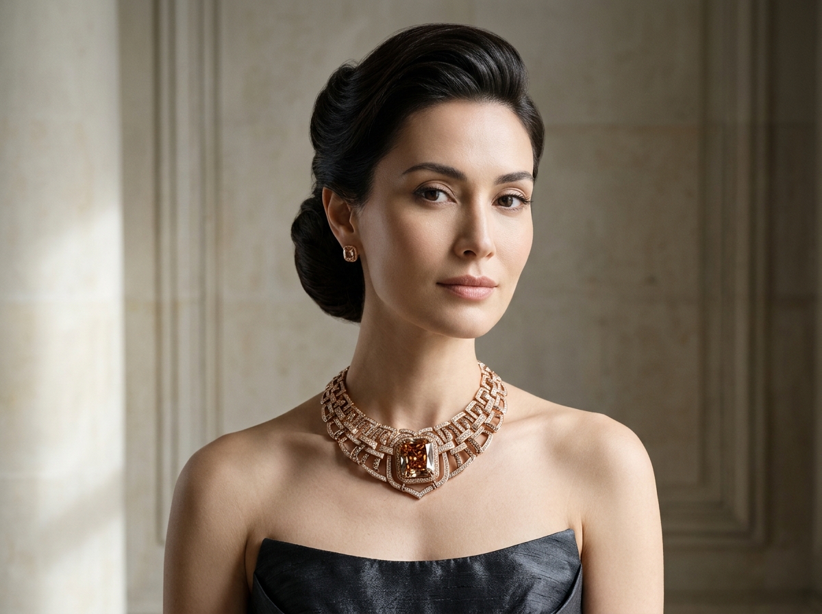 High fashion editorial model wearing the Cognac Radiance Choker